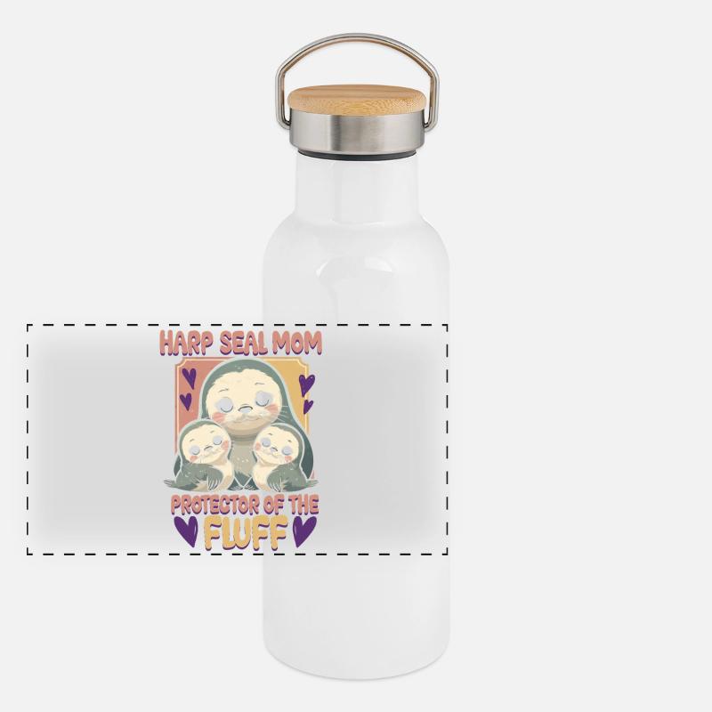 Sattelrobbe Robben Panorama Thermosflasche mit Bambusdeckel