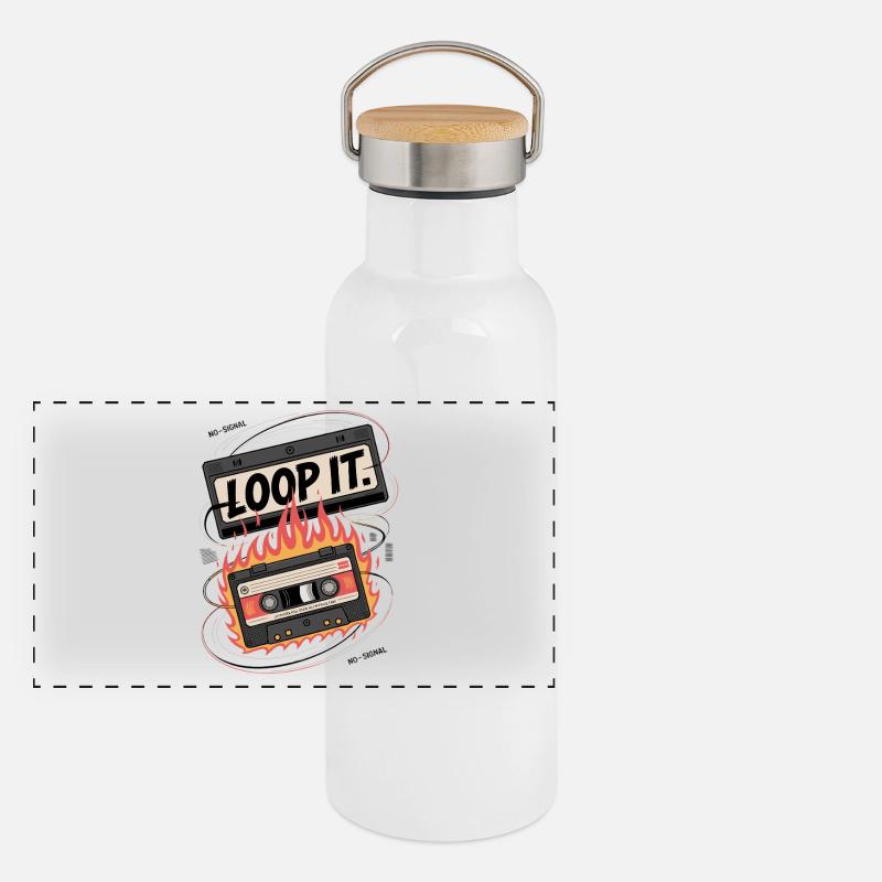 Retro cassette with "Loop It" flame design Panoramic Thermal Bottle with Bamboo Lid