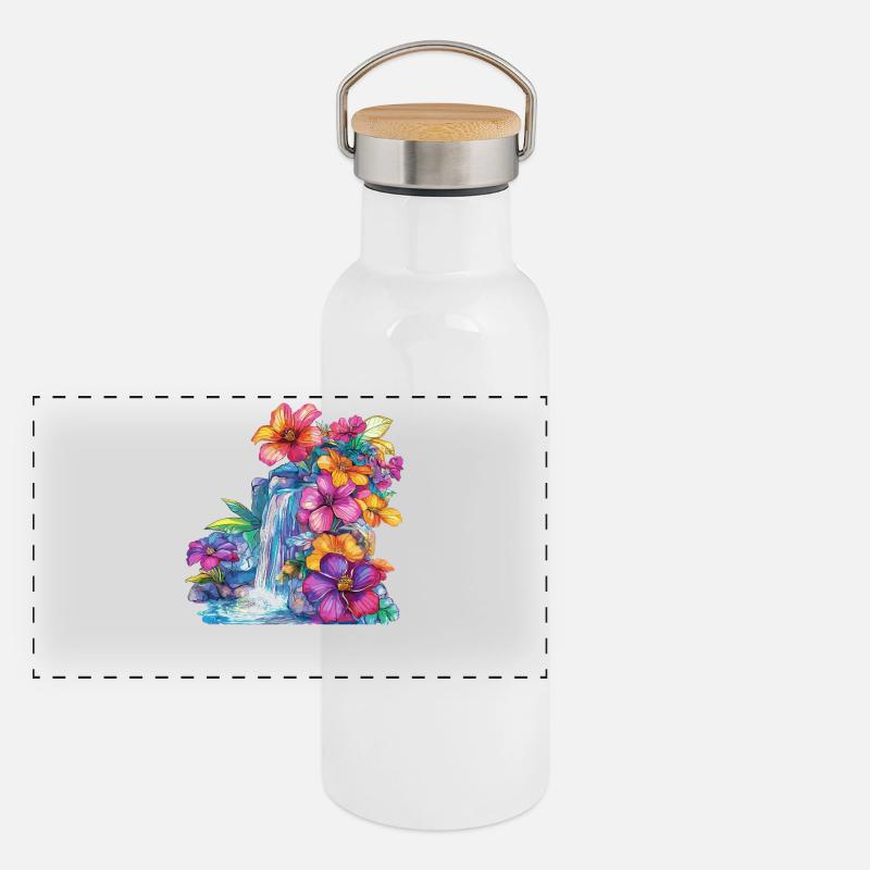 Blütenkaskade am Wasserfall - Panorama Thermosflasche mit Bambusdeckel - Weiß