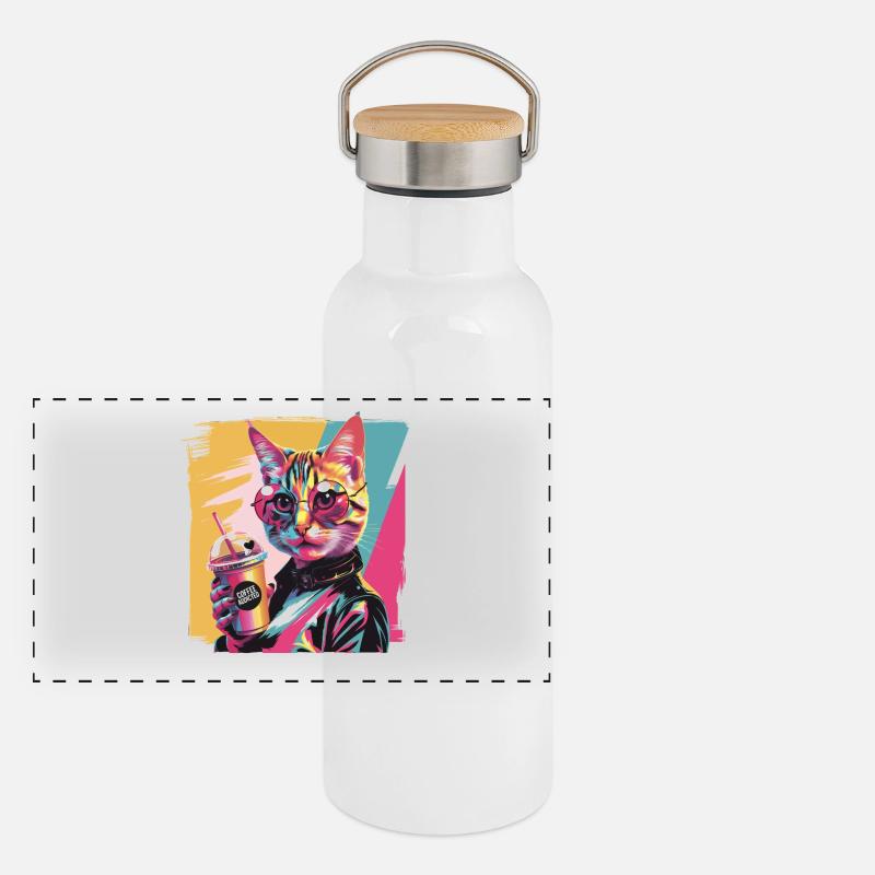 Popart Katze mit Lederjacke und Kaffee Panorama Thermosflasche mit Bambusdeckel