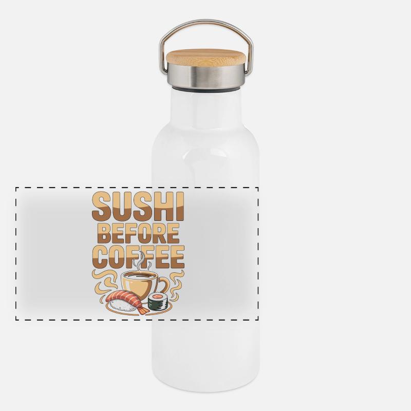 Sushi prima del caffè Cibo giapponese Amante del caffè - Thermos con coperchio in bambù - bianco