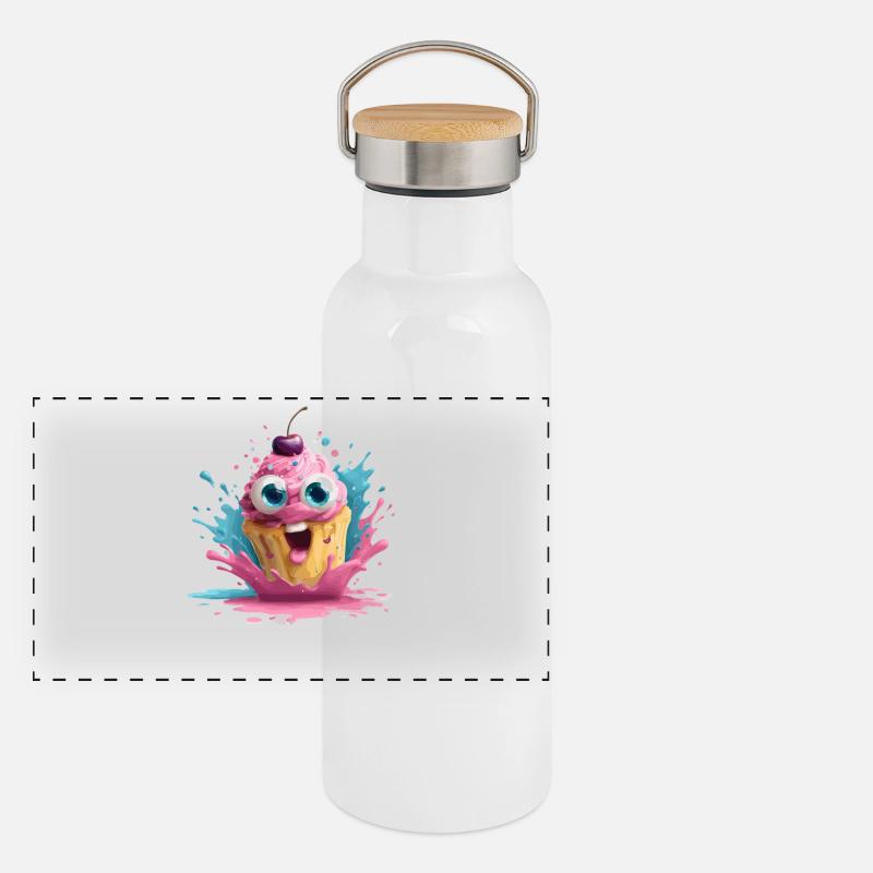 Kunterbunter Cupcake mit Gesicht Panorama Thermosflasche mit Bambusdeckel