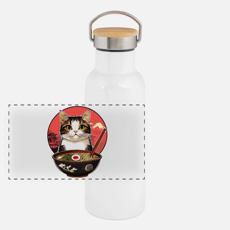 Katzen mit Ramen Panorama Thermosflasche mit Bambusdeckel