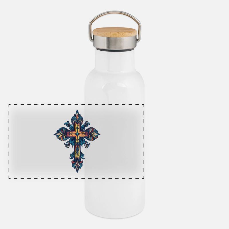 Croix chrétienne - Gourde isotherme avec bouchon en bambou - blanc