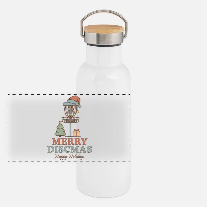 Fröhliche Discmas Frohe Feiertage Disc Golf Korb Panorama Thermosflasche mit Bambusdeckel