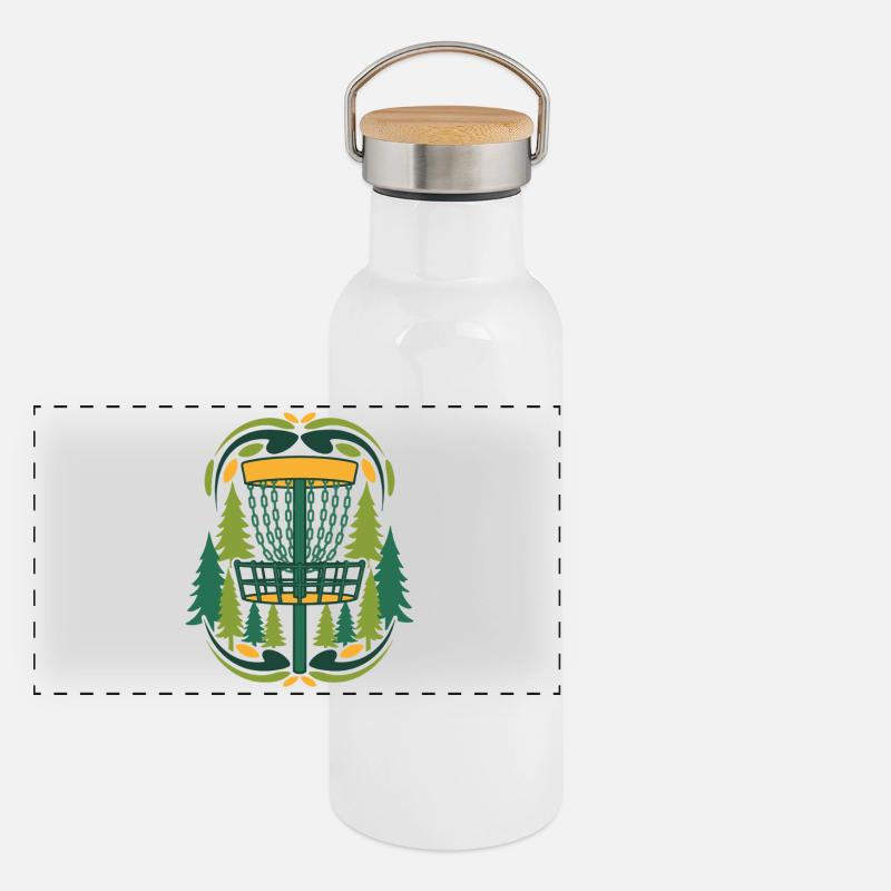 Scène du disque volant du panier de Disc Golf dans la forêt Gourde isotherme avec bouchon en bambou