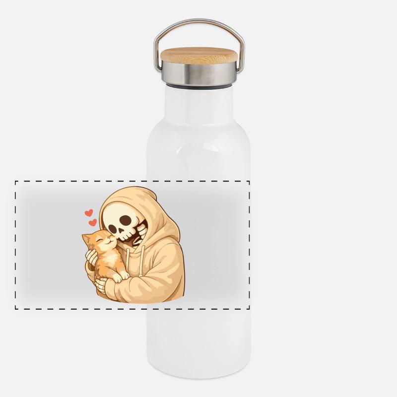 Cozy skeleton with cat – security Panoramic Thermal Bottle with Bamboo Lid