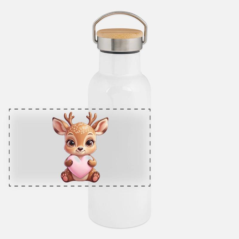 Kleines Rehkitz mit Herz Panorama Thermosflasche mit Bambusdeckel