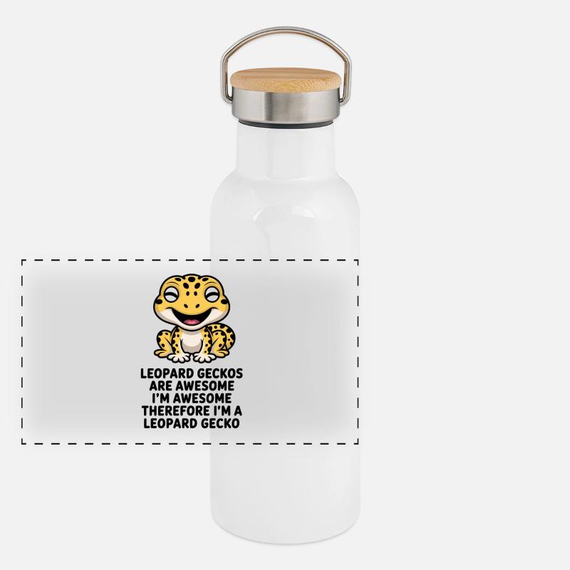Sunny Gecko Cartoon on Black - Panoramic Thermal Bottle with Bamboo Lid - white