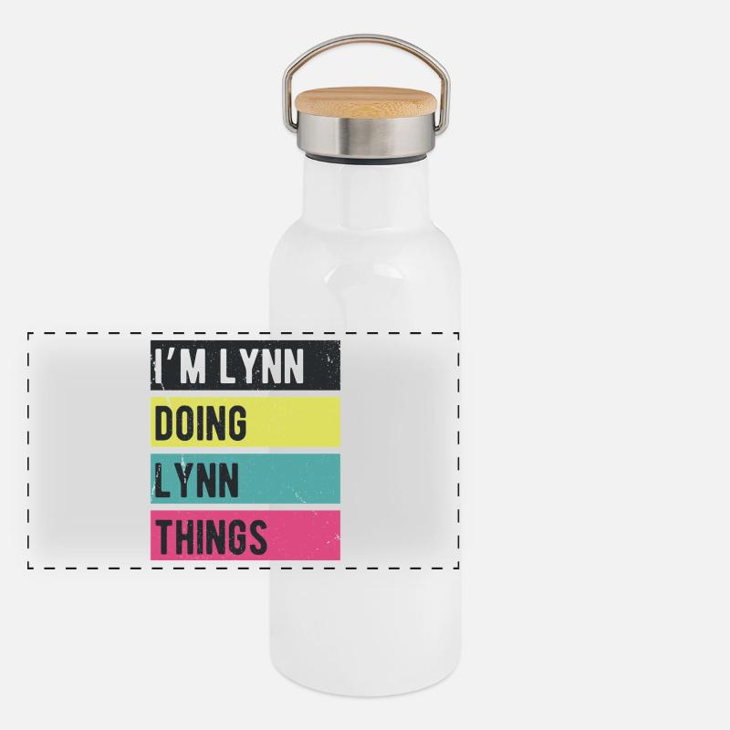 Ich bin Lynn und mache Lynn-Dinge Retrofarben Panorama Thermosflasche mit Bambusdeckel