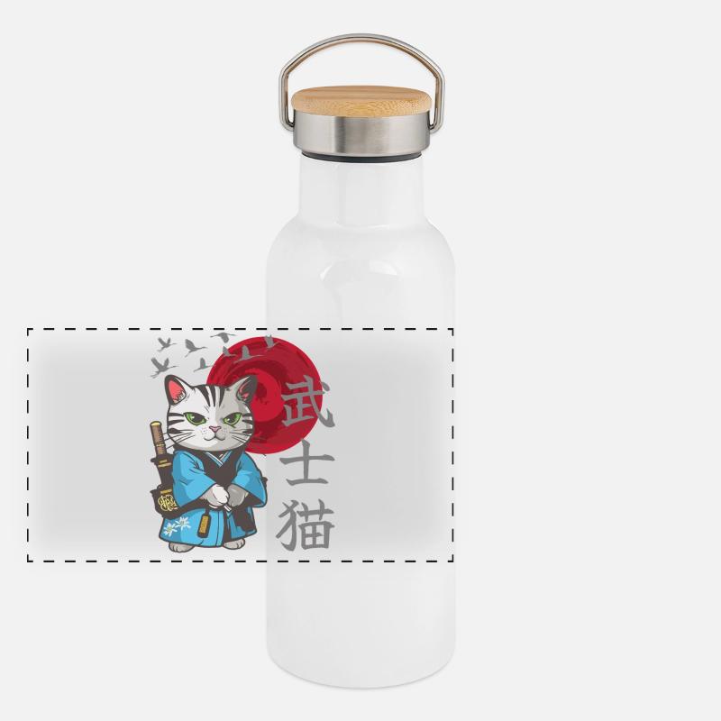 Cat Anime Japanese Samurai Kitten Panoramic Thermal Bottle with Bamboo Lid