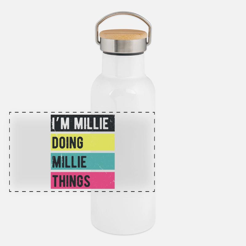 Ich bin Millie, mache Millie-Dinge Retro-Farben Panorama Thermosflasche mit Bambusdeckel