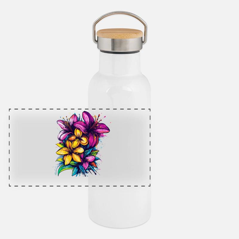 Explosion des couleurs des fleurs tropicales Gourde isotherme avec bouchon en bambou