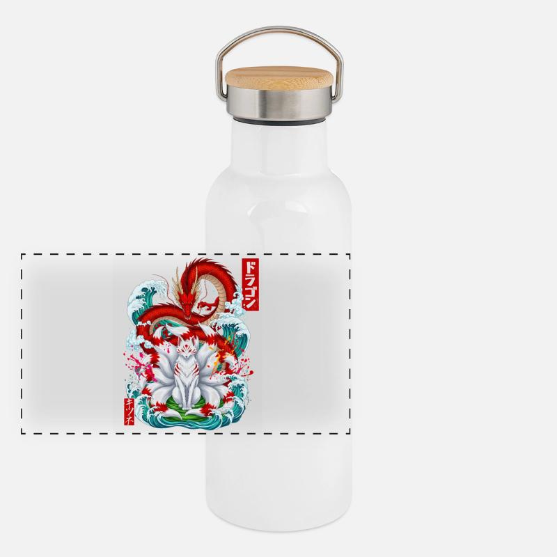 Japanese Dragon Kitsune Nine Tailed Fox Great Wave Panoramic Thermal Bottle with Bamboo Lid