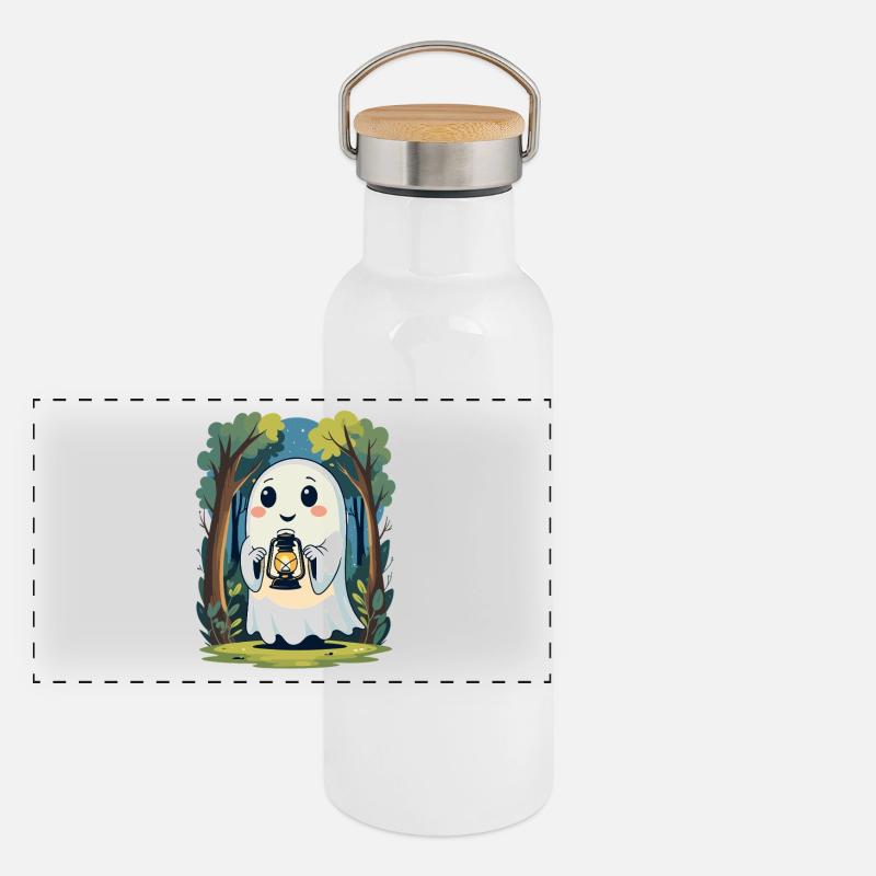 Laternengeist im nächtlichen Wald Panorama Thermosflasche mit Bambusdeckel