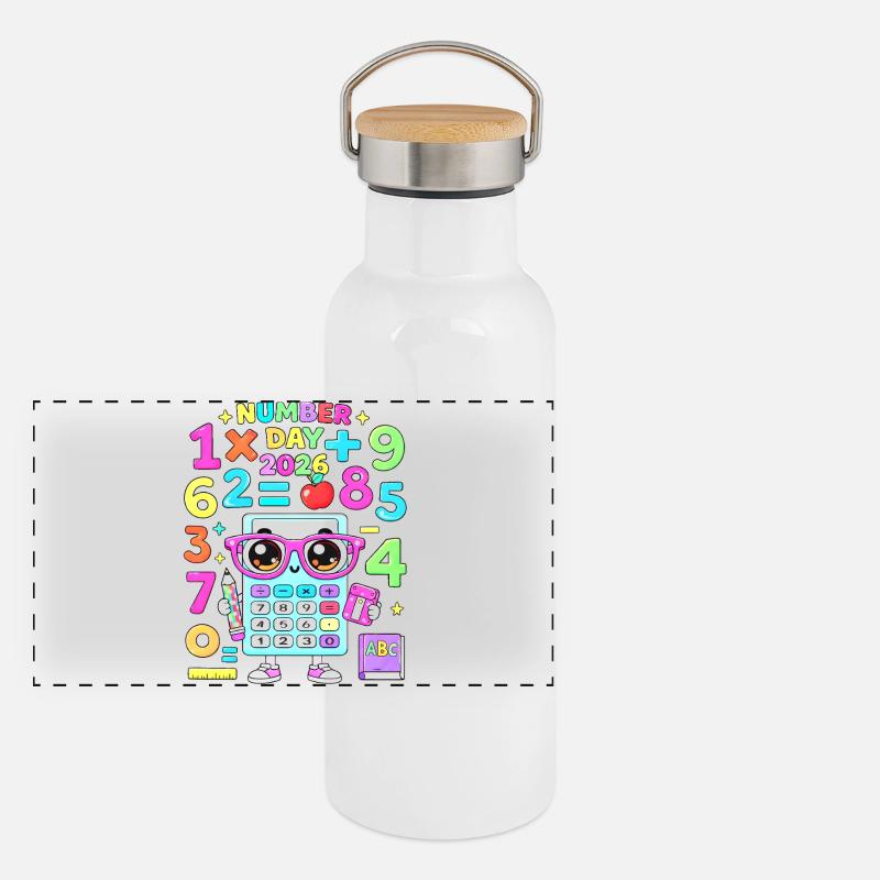 Kawaii Calculator Classroom Theme Panoramic Thermal Bottle with Bamboo Lid