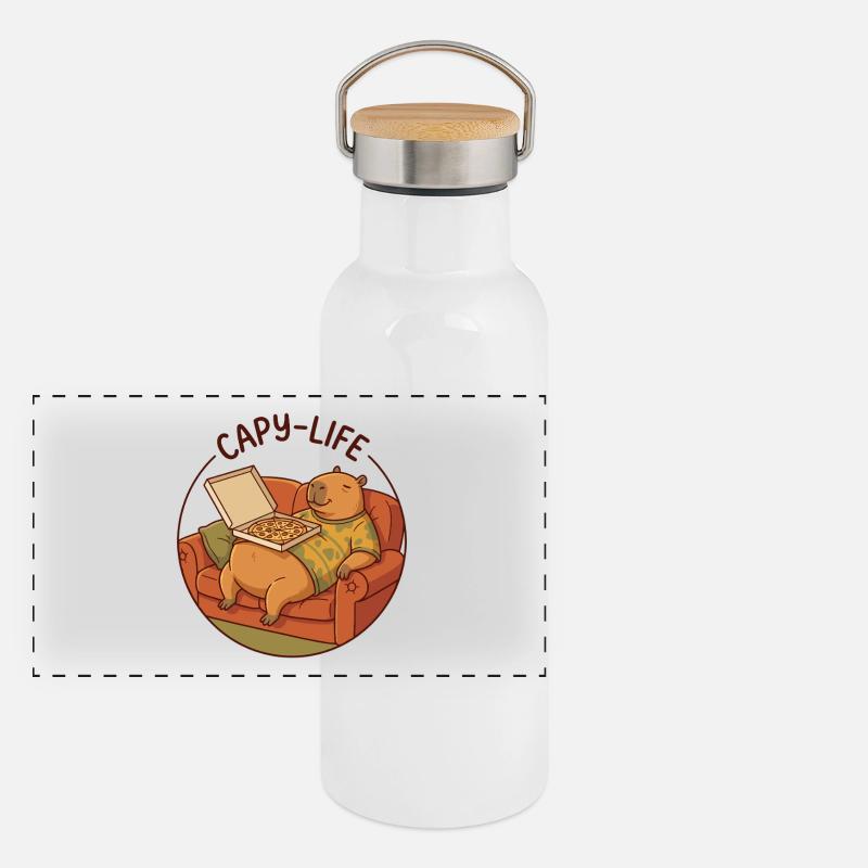 Capybara Sofa mit Pizza gemütliches Tiermotiv Panorama Thermosflasche mit Bambusdeckel