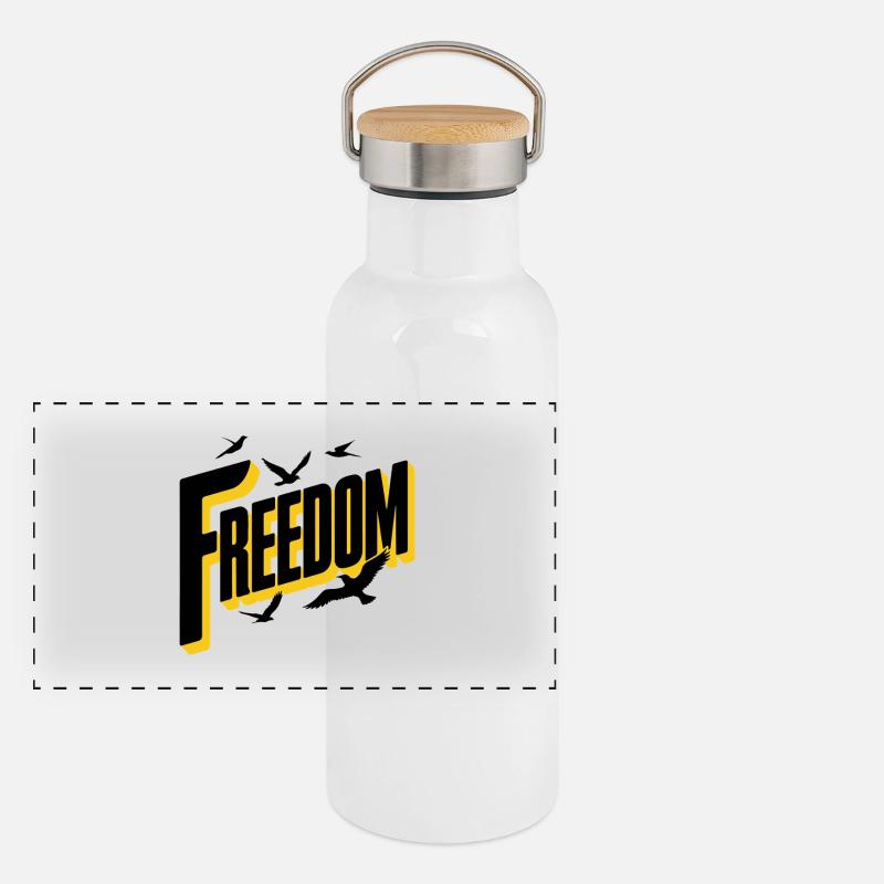 Freedom Bold Typografie mit Vögeln Panorama Thermosflasche mit Bambusdeckel
