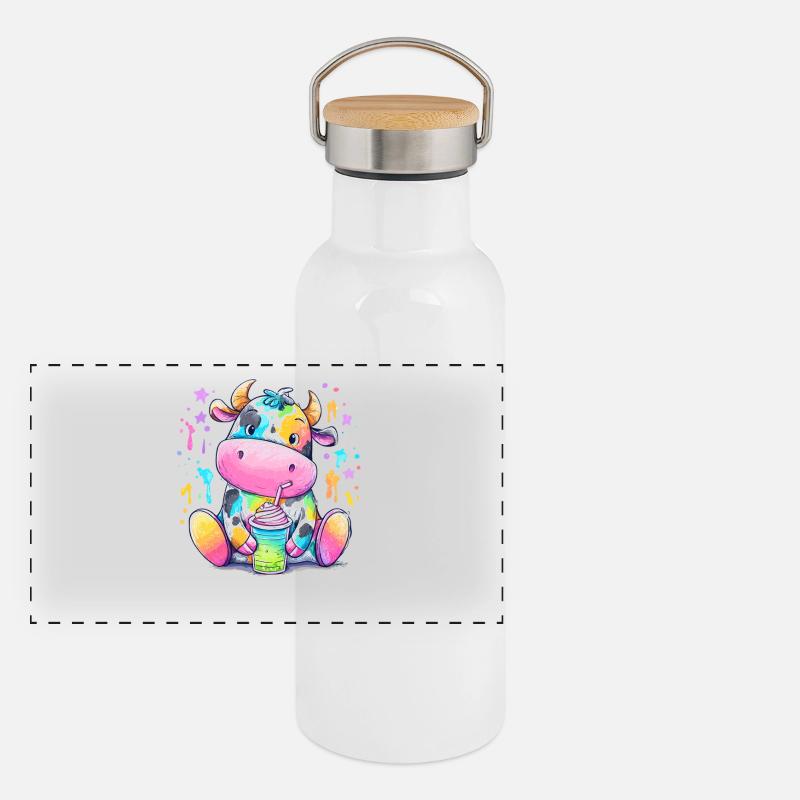 Regenbogen Kuh mit Milchshake Panorama Thermosflasche mit Bambusdeckel