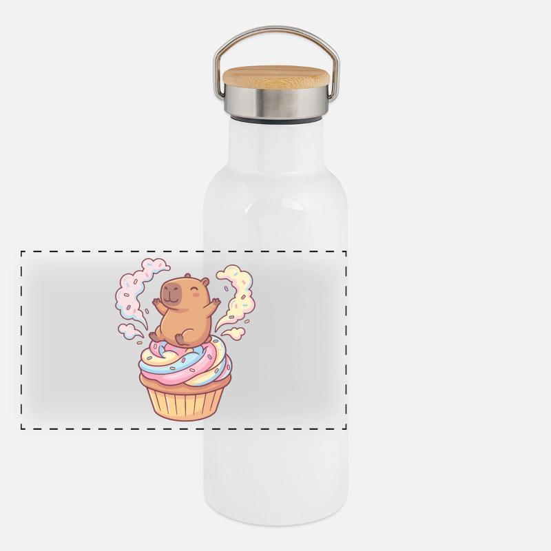 Fête cupcake capybara avec glaçage arc-en-ciel Gourde isotherme avec bouchon en bambou