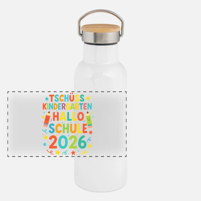 Tschüss Kindergarten Hallo Schule Einschulung 2026 Panorama Thermosflasche mit Bambusdeckel