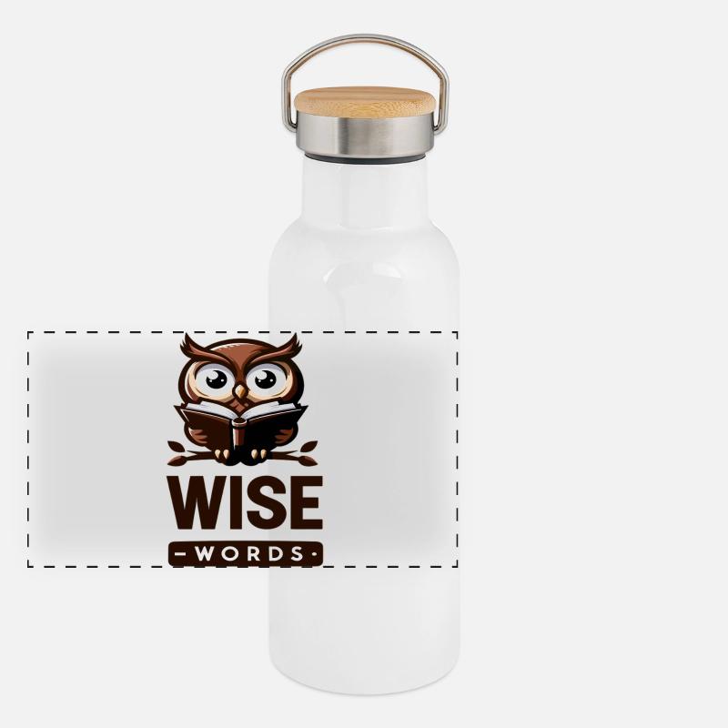 Weise Eule mit Buch – Wörter Panorama Thermosflasche mit Bambusdeckel