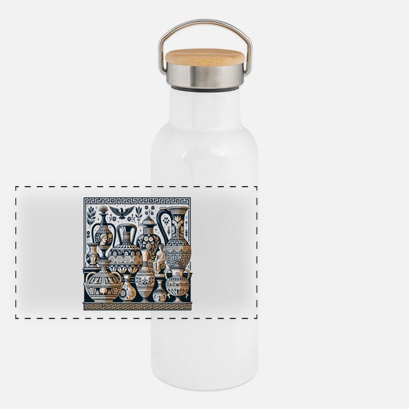 Ancient Vase Ornaments Greek Patterns Panoramic Thermal Bottle with Bamboo Lid