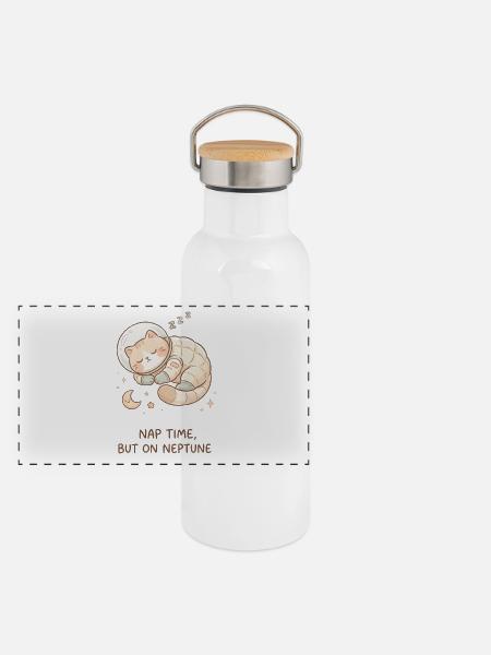 Nickerchen Neptun | Süße Space Katze - Panorama Thermosflasche mit Bambusdeckel - Weiß - Vorne