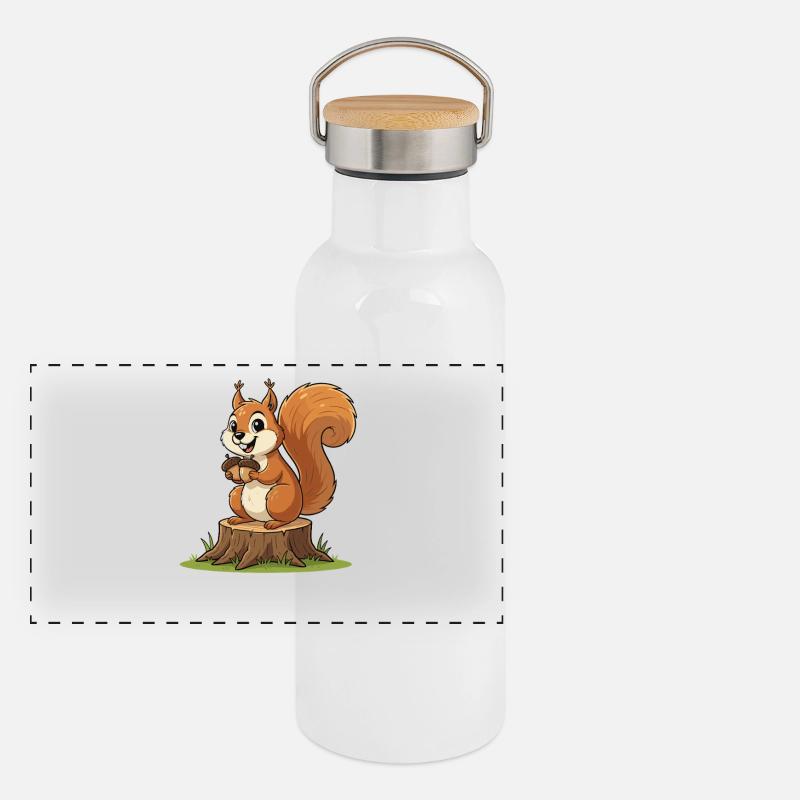Eichhörnchen am Baumstumpf mit Eichel Panorama Thermosflasche mit Bambusdeckel
