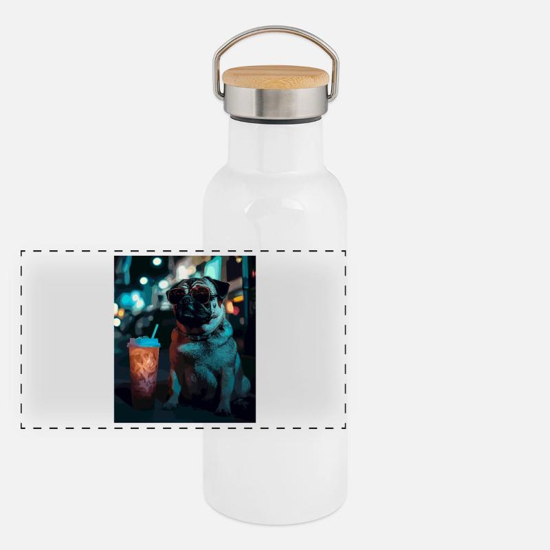 Neon-Pug im Nachtleben Panorama Thermosflasche mit Bambusdeckel