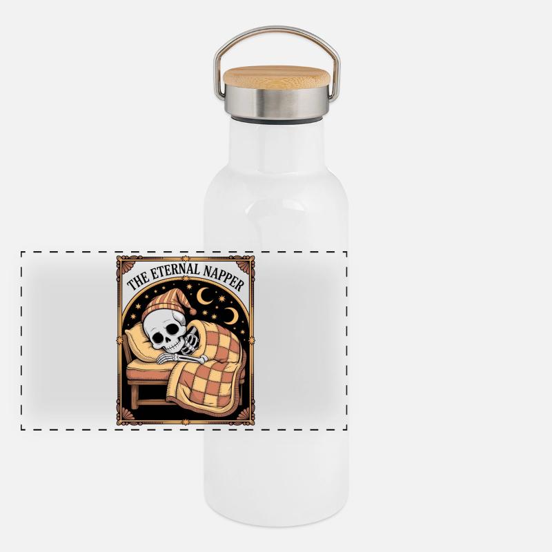 The Eternal Napper Skeleton Sleep Humor Night Panoramic Thermal Bottle with Bamboo Lid