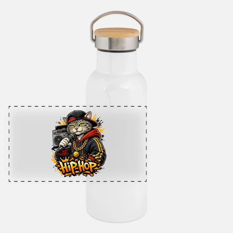 HipHop Cat with Microphone Panoramic Thermal Bottle with Bamboo Lid