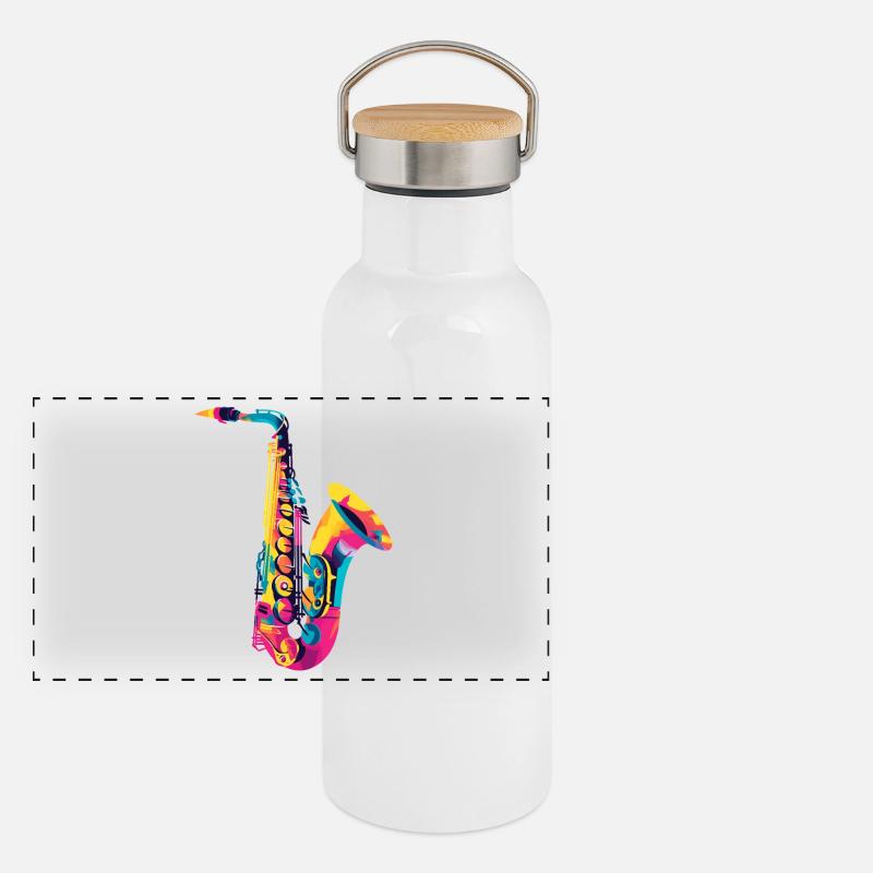 Explosion lumineuse des couleurs du saxophone Gourde isotherme avec bouchon en bambou