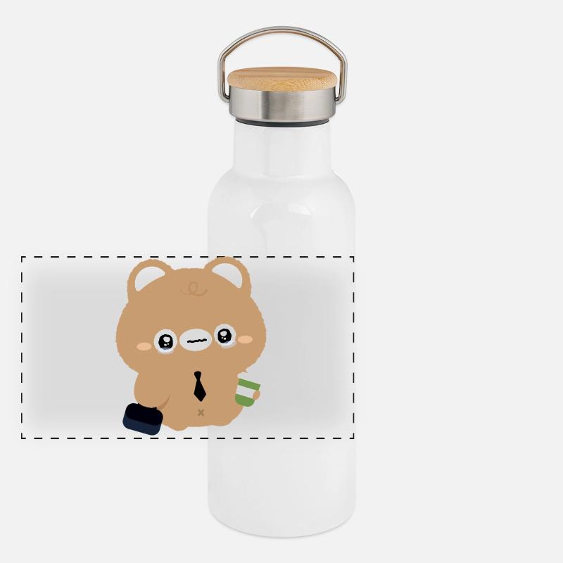 Ours Kawaii fatigué avec café Gourde isotherme avec bouchon en bambou