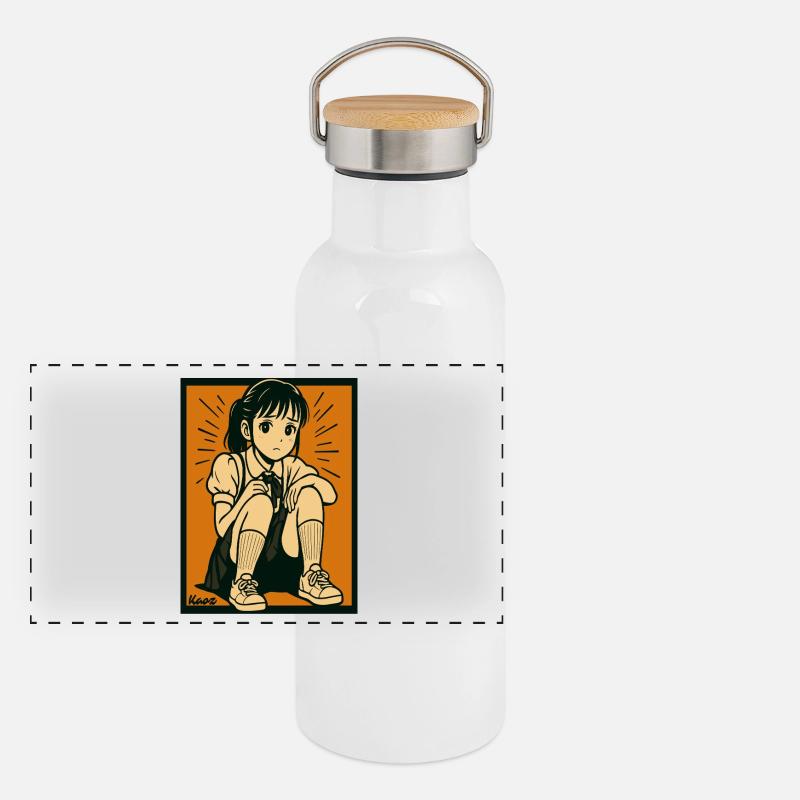 Manga girl sitting with her knees pulled up Panoramic Thermal Bottle with Bamboo Lid