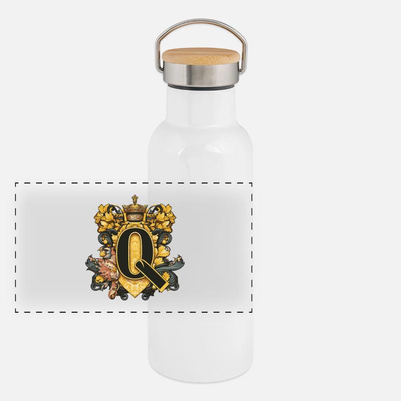 Q Buchstabe Name Krone Panorama Thermosflasche mit Bambusdeckel
