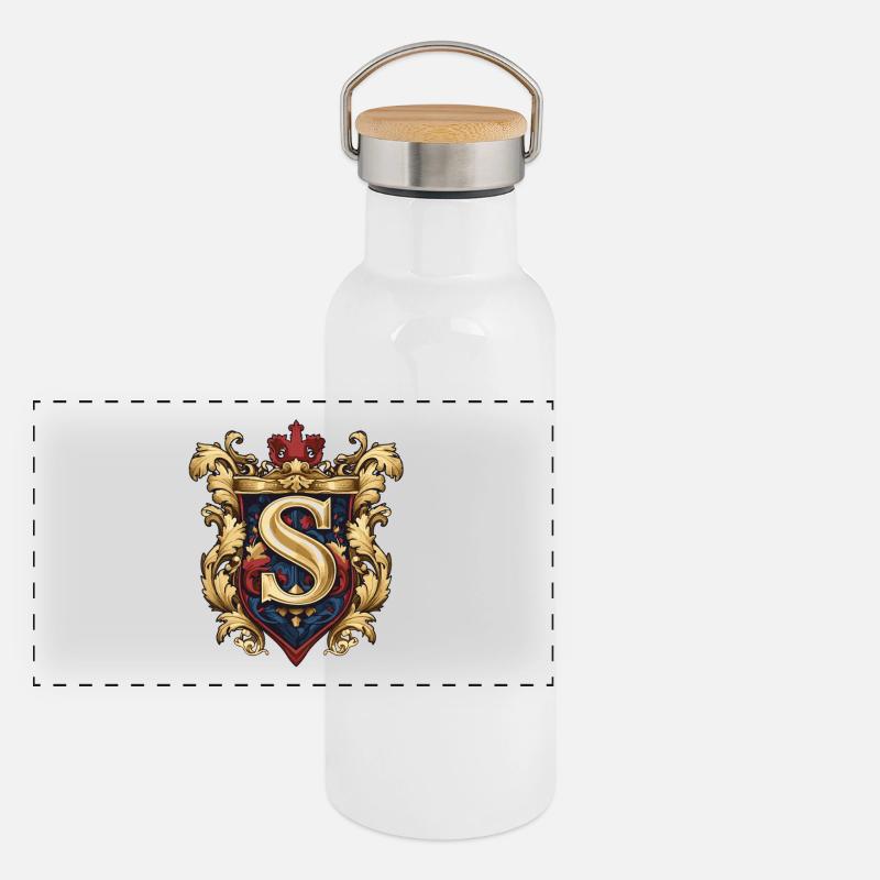 S Buchstabe Name Krone Panorama Thermosflasche mit Bambusdeckel