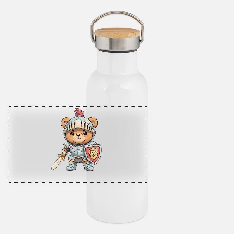 Ritterbär im Panzer Panorama Thermosflasche mit Bambusdeckel