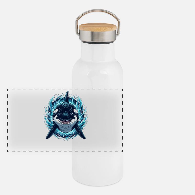Orca im Blitz – Ocean Orca Illustration Panorama Thermosflasche mit Bambusdeckel