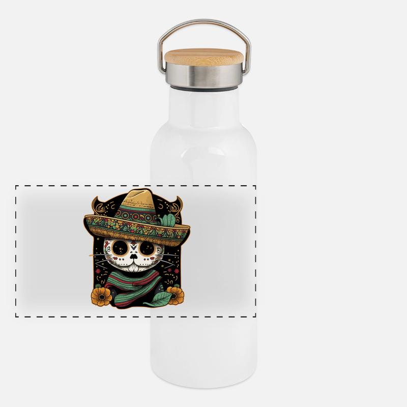 Mexican Cat Cinco De Mayo Sucre Skull Sombrero Gourde isotherme avec bouchon en bambou