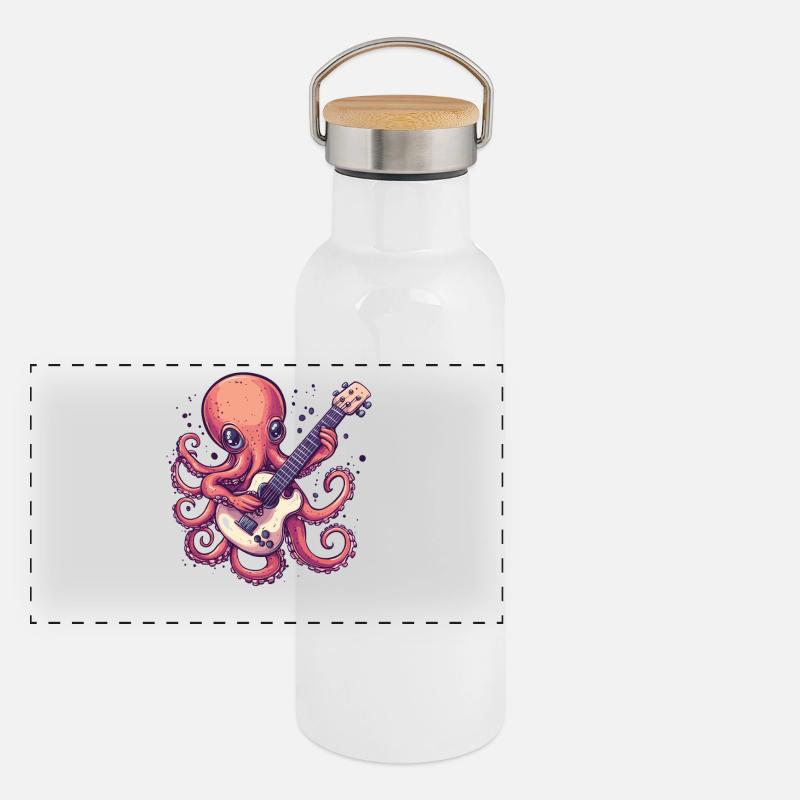 Oktopus mit Gitarre Panorama Thermosflasche mit Bambusdeckel