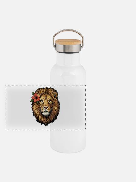 Löwenkopf mit Hibiskusblüte - Panorama Thermosflasche mit Bambusdeckel - Weiß