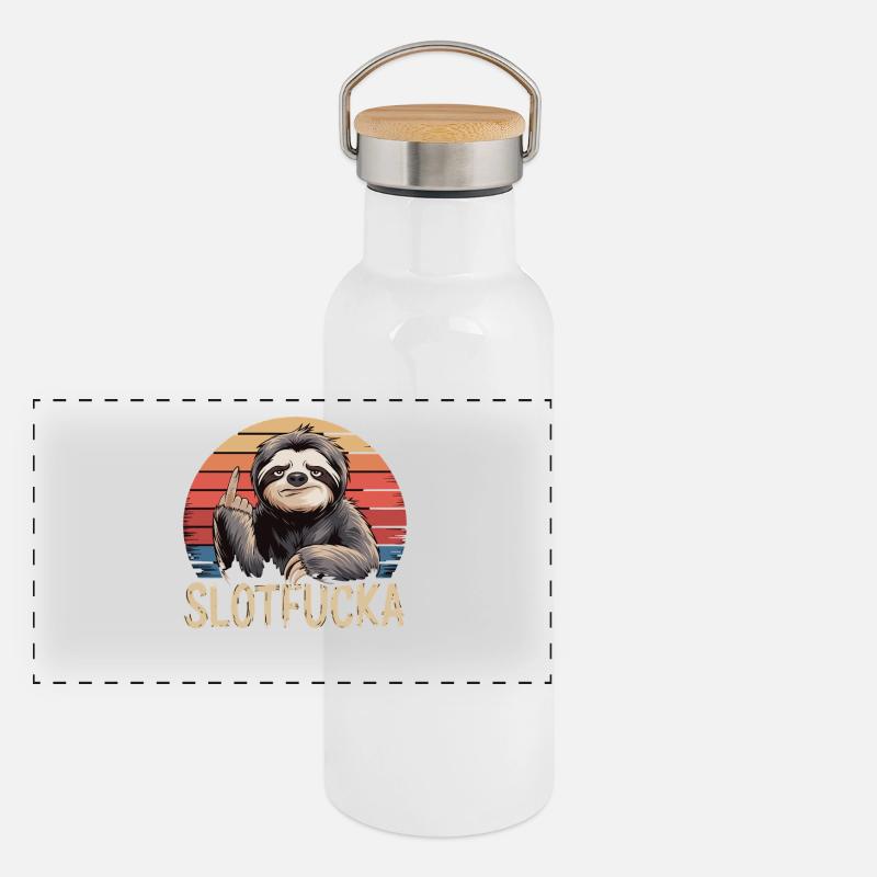 Faultier Mittelfinger Retro Humor Sarkasmus - Panorama Thermosflasche mit Bambusdeckel - Weiß