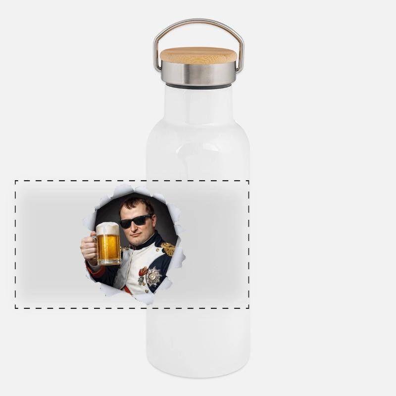 Napoleon holds a beer Panoramic Thermal Bottle with Bamboo Lid