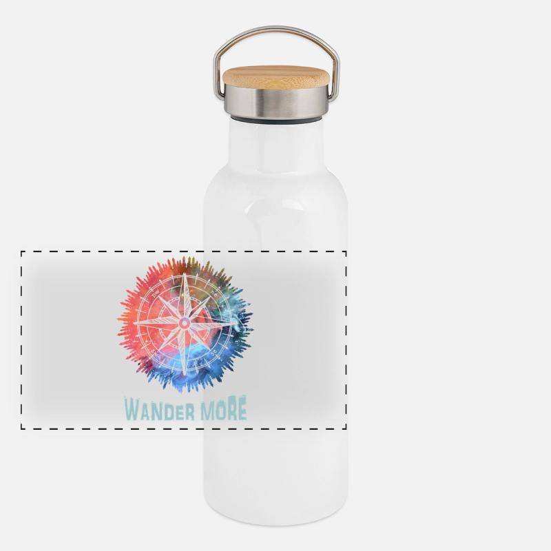 Wander More Compass Batik - Panorama Thermosflasche mit Bambusdeckel - Weiß