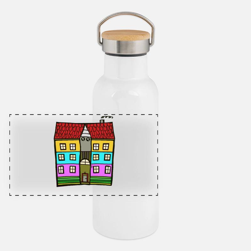 Illustration colorée à plusieurs maisons Gourde isotherme avec bouchon en bambou