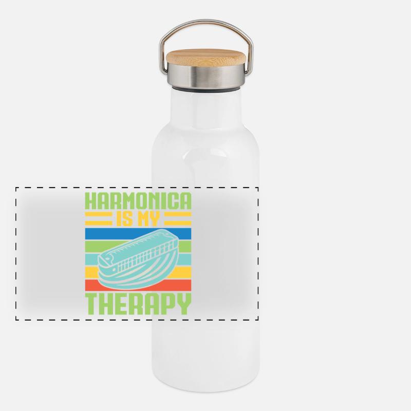 Funny Harmonica Player Is My Therapy Harmonica Panorama Thermosflasche mit Bambusdeckel