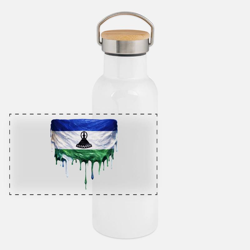 Lesotho Flag in Drop Art Panoramic Thermal Bottle with Bamboo Lid