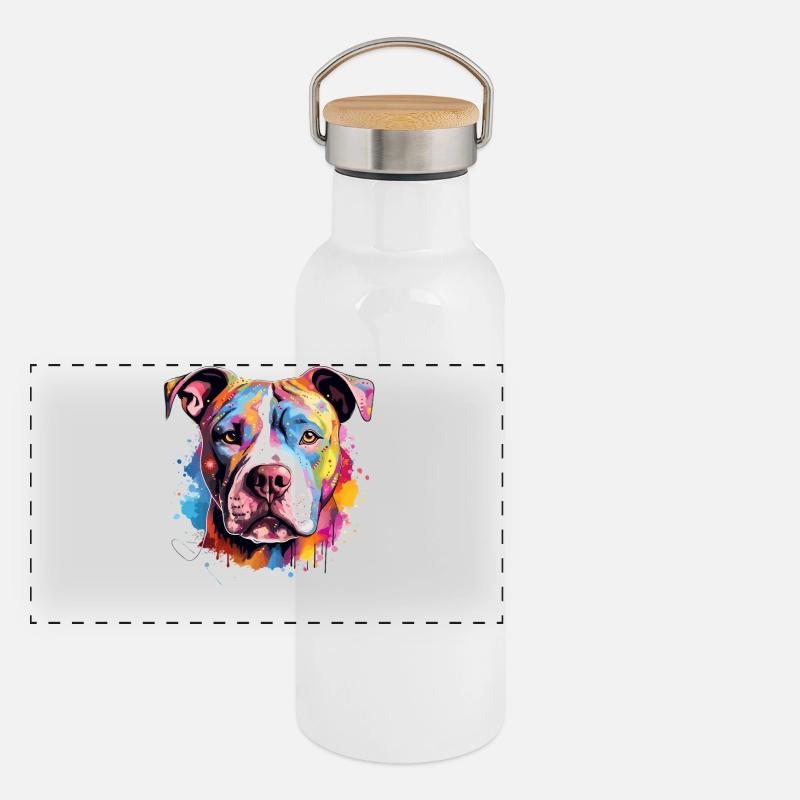 Bunte Hunde-Spritzkunst-Pitbull Panorama Thermosflasche mit Bambusdeckel