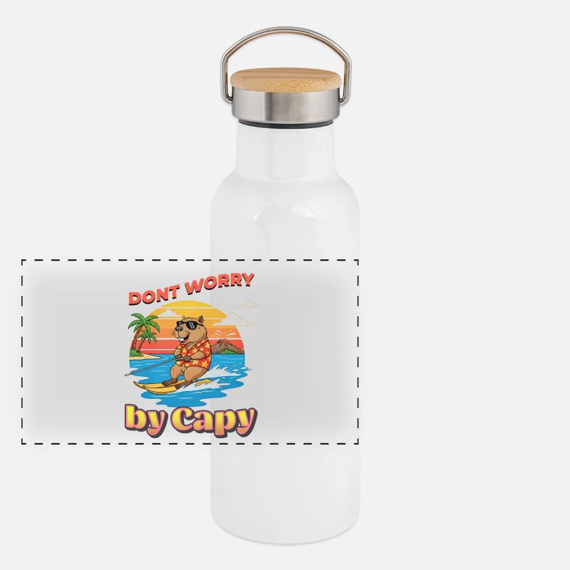 Capybara surfer at sunset Panoramic Thermal Bottle with Bamboo Lid